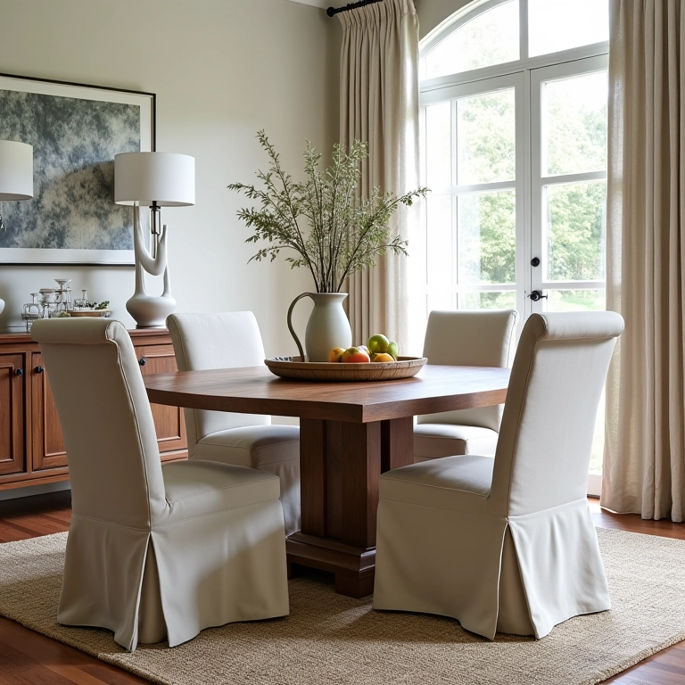 Sala de jantar elegante com cadeiras e capas estilosas.