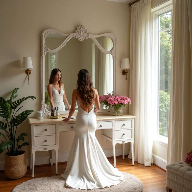 Salão com camarim de noiva iluminado e decorado.