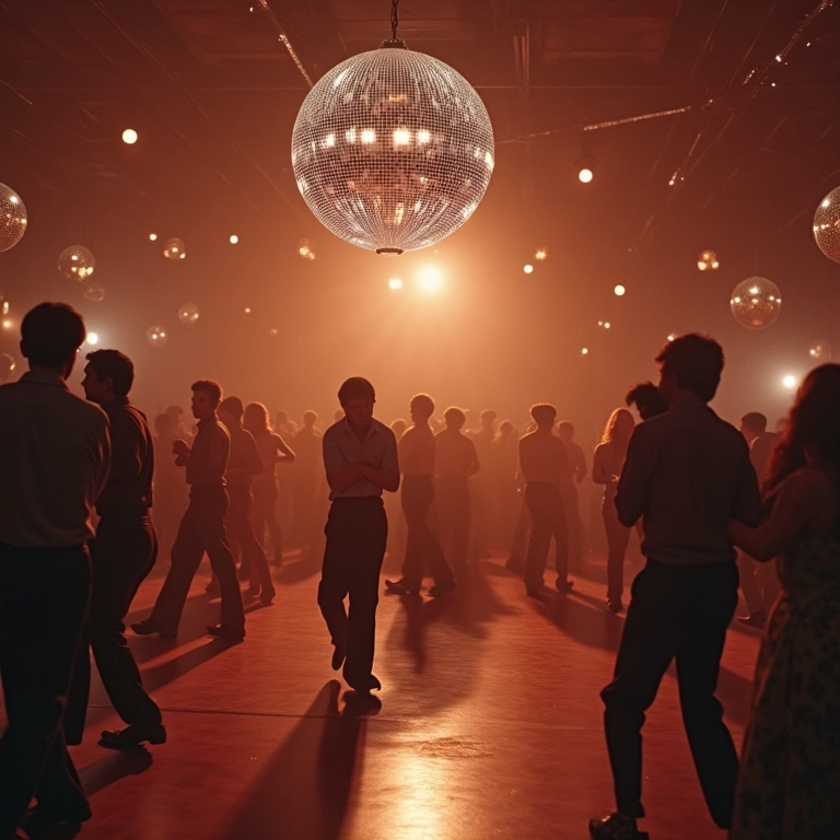 Salão de baile dos anos 70 com globo de espelhos.