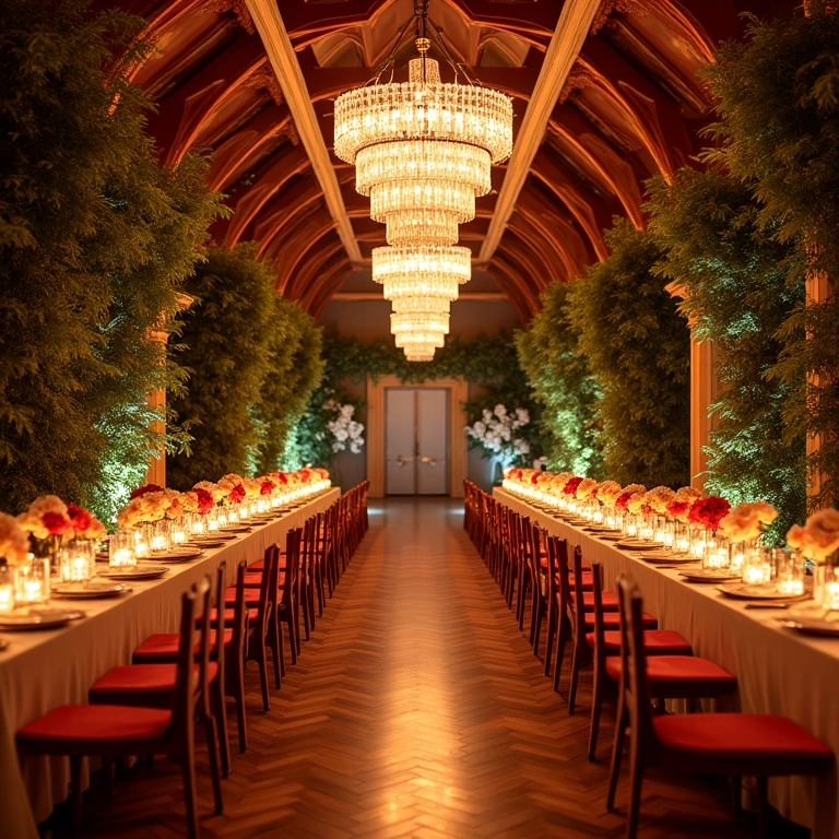 Salão de festas decorado para casamento, estilo brasileiro vibrante.