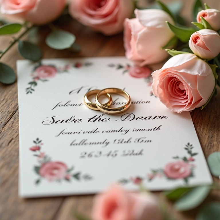 Save the Date com alianças e flores.