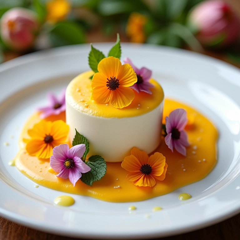 Sobremesa empratada decorada com flores comestíveis.