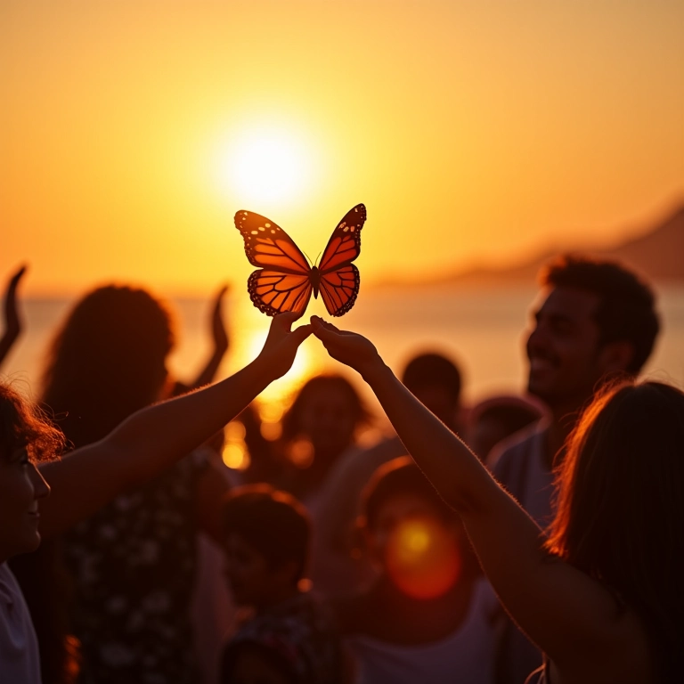 Soltura de borboletas ao pôr do sol em praia brasileira, momento mágico.