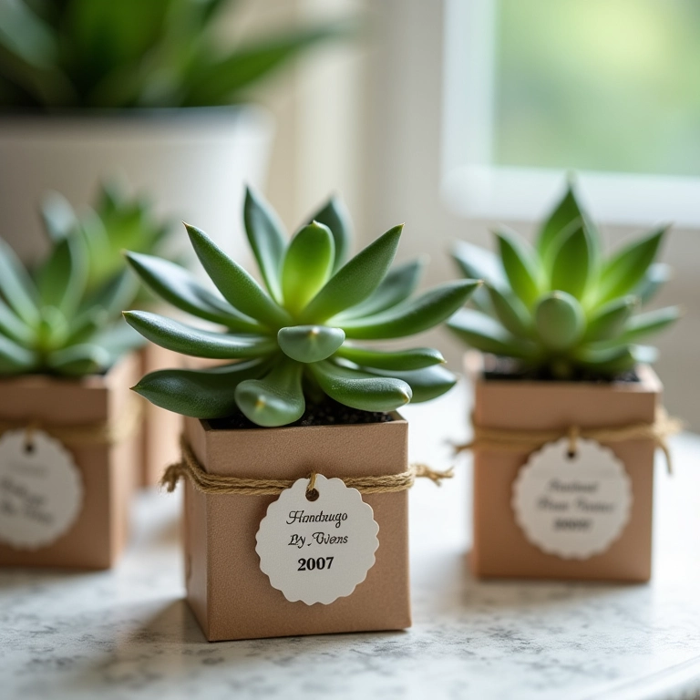 Suculentas com etiqueta de preço para lembrancinha.