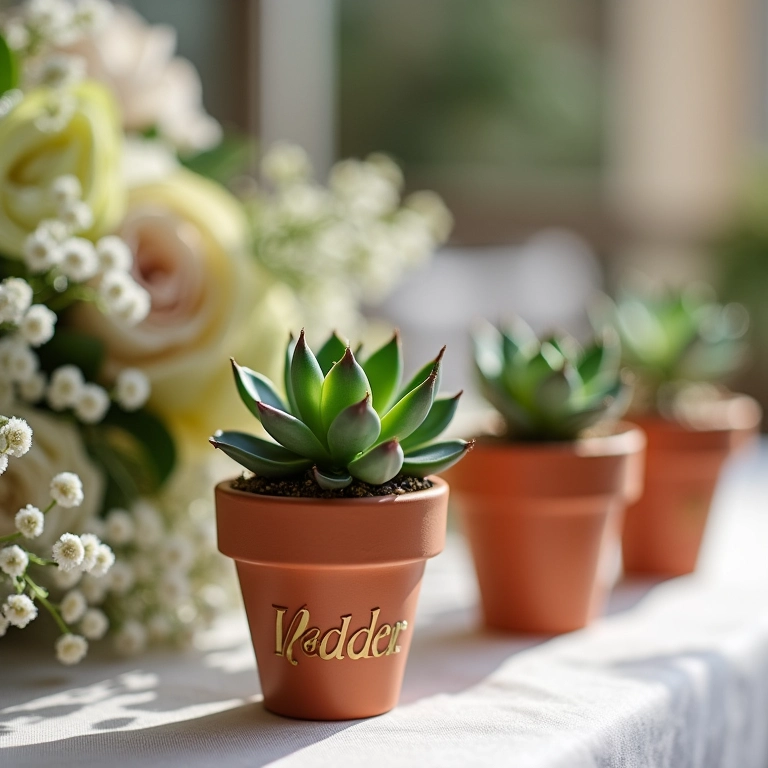 Suculentas em vasos de terracota como lembrancinha de casamento.