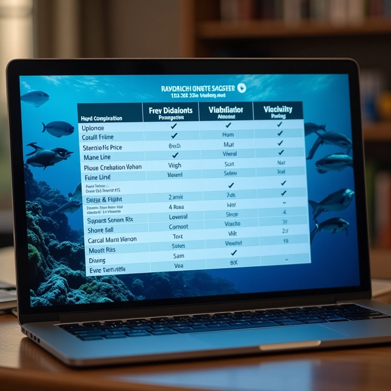 Tabela comparativa dos melhores destinos de mergulho em um laptop.