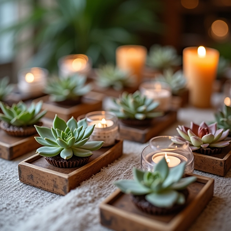 Tabela de ideias de lembrancinhas: suculentas, chocolates, velas.
