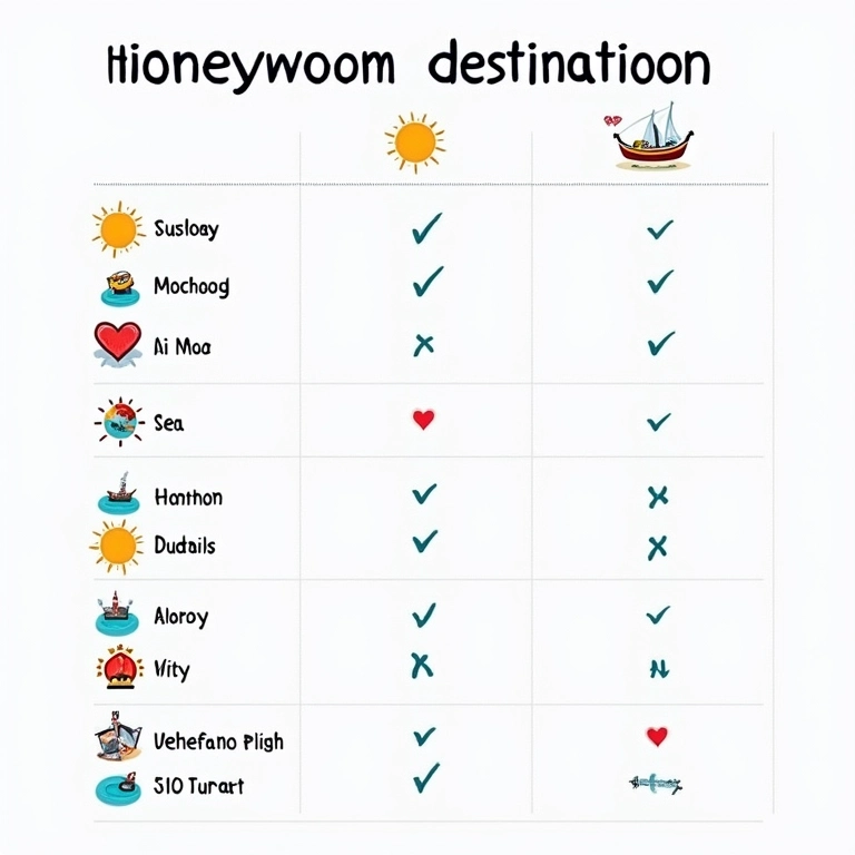Tabela de resumo dos melhores destinos para lua de mel no verão europeu.