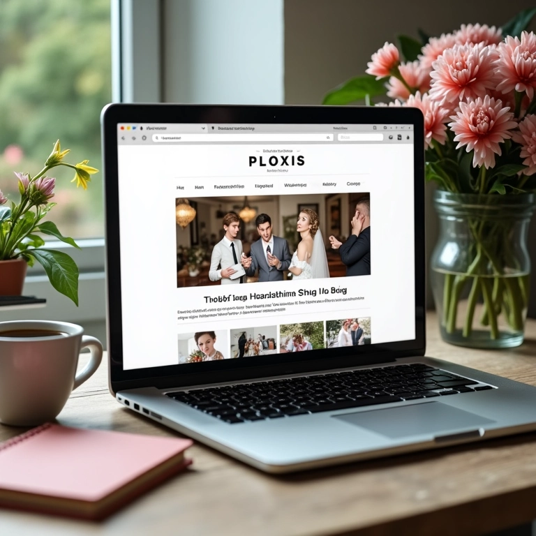 Tela de laptop mostrando post de blog com fotos de casamento.