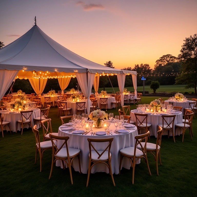 Tenda branca elegante para recepção de casamento ao ar livre ao pôr do sol.