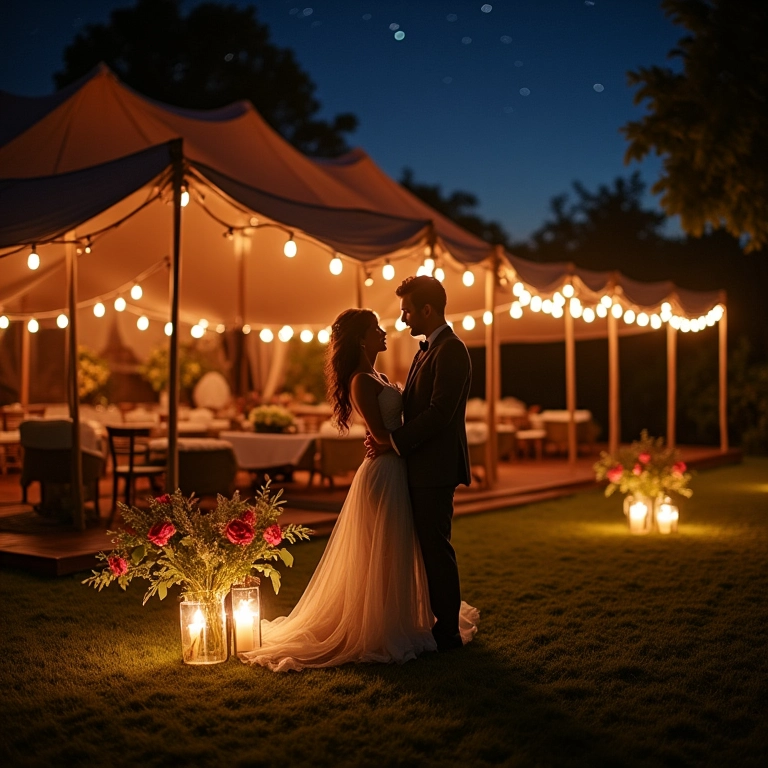 Tenda de casamento elegante com iluminação suave e decoração floral, casal brasileiro comemorando.