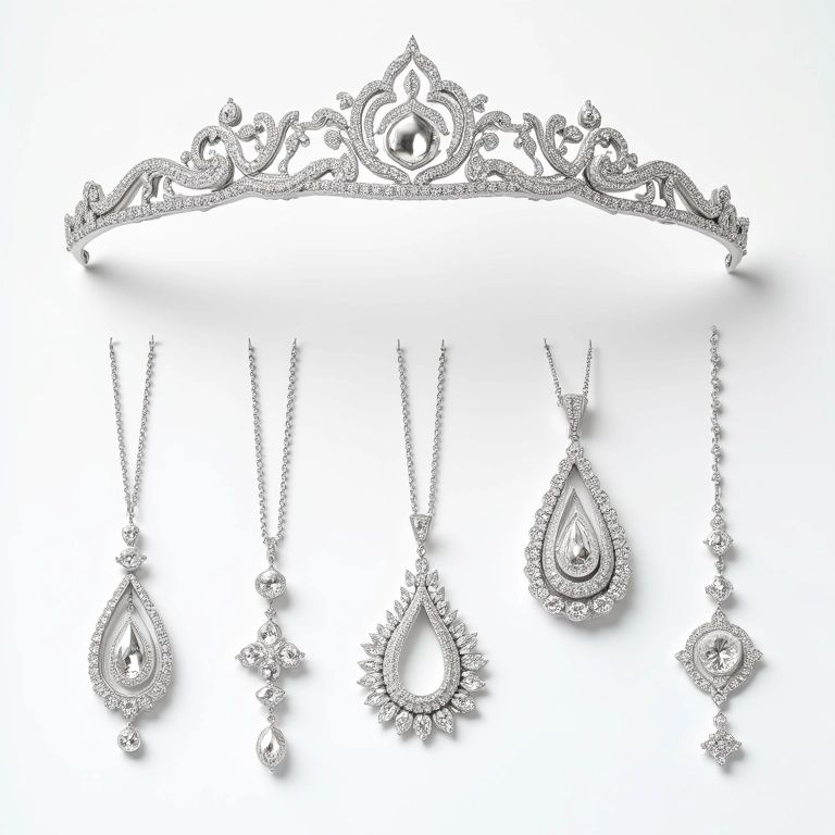 Tipos de joias de brilhante para noivas: tiaras, colares, pulseiras.