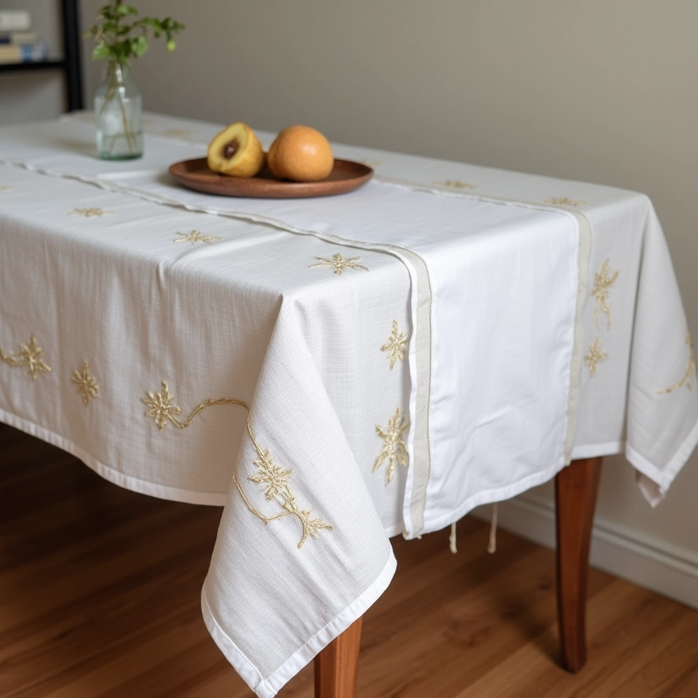 Toalhas de mesa e caminhos com textura de linho e detalhes bordados.