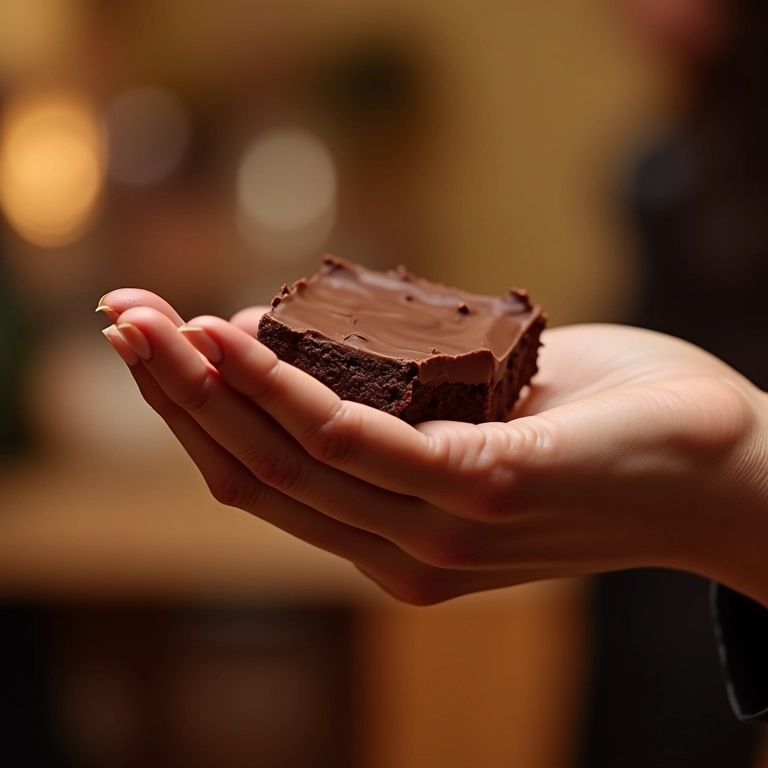 Uma mão oferecendo um pedaço de palha italiana, destacando a textura e o chocolate.