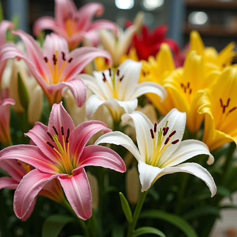 Variedade de cores de lírios em floricultura, incluindo rosa, branco e amarelo.