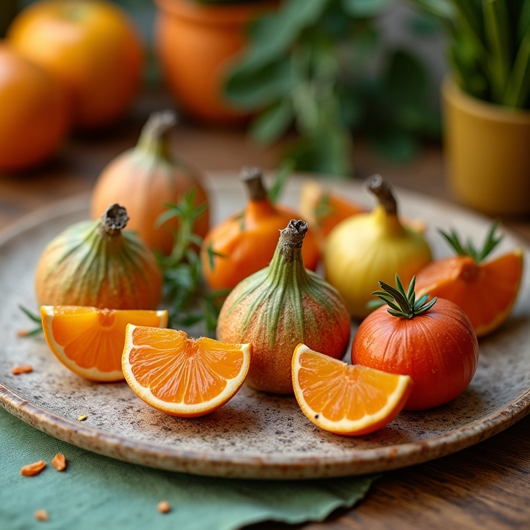 Variedade de lembrancinhas artesanais em mesa decorada.