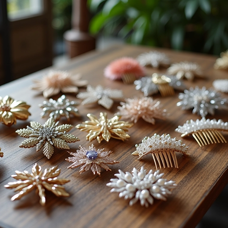 Variedade de pentes de cabelo decorativos em uma mesa de madeira rústica.