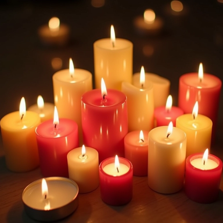 Variedade de velas para casamento: pilares, flutuantes, e velas votivas.