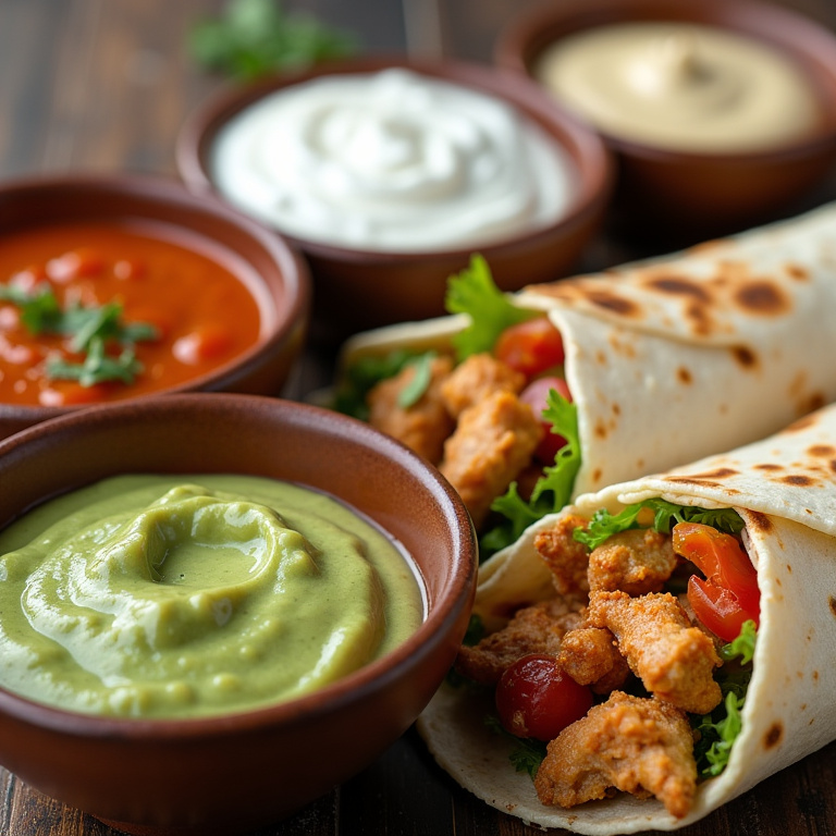 Various sauces in small bowls (yogurt, guacamole, hummus) next to a chicken wrap. Natural light, Molhos deliciosos para acompanhar o wrap de frango.