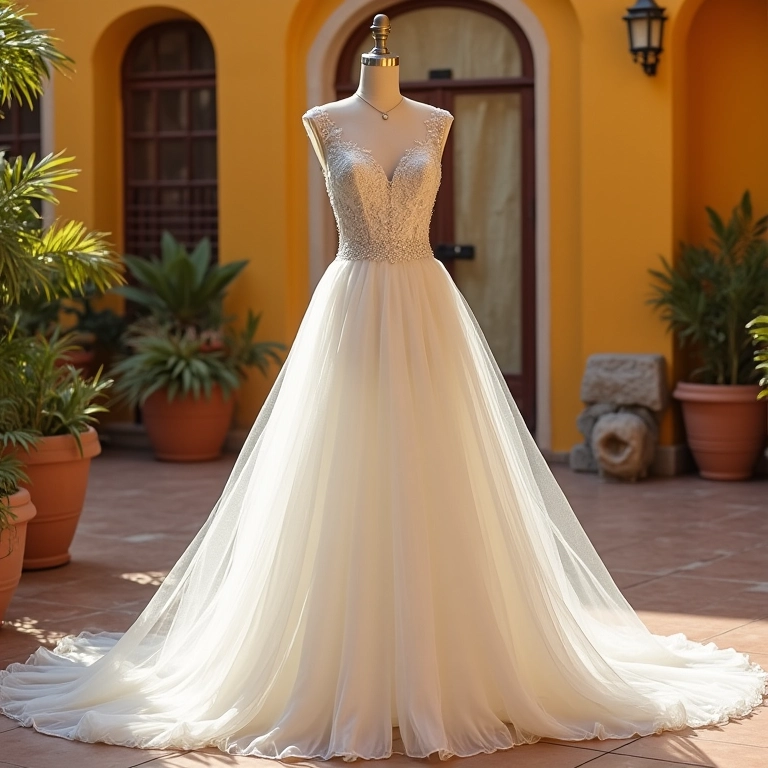 Vestido com saia removível em ambiente vibrante da Casamarela Noivas