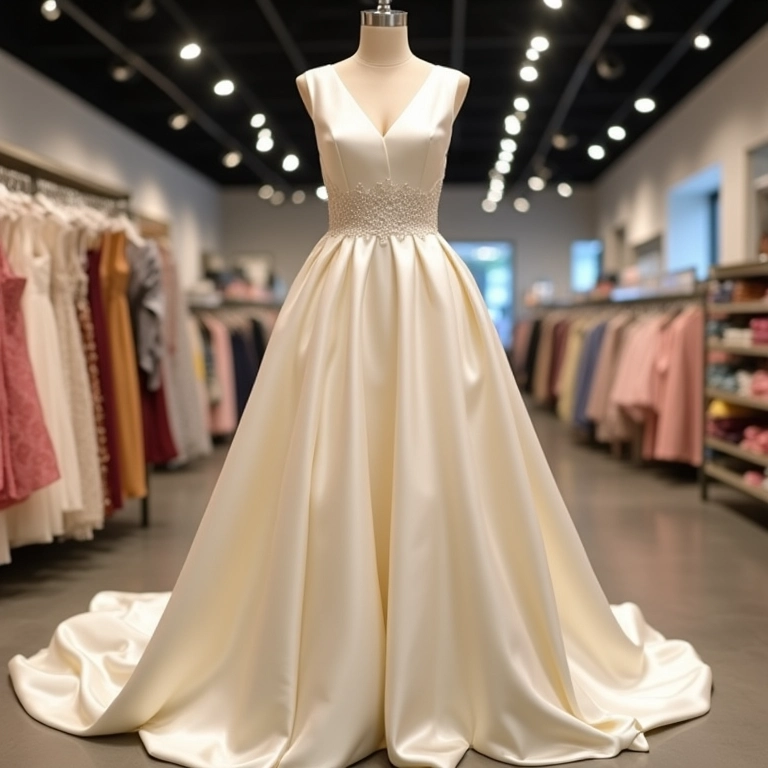 Vestido de cetim em exibição em loja de departamento, brilho e glamour.