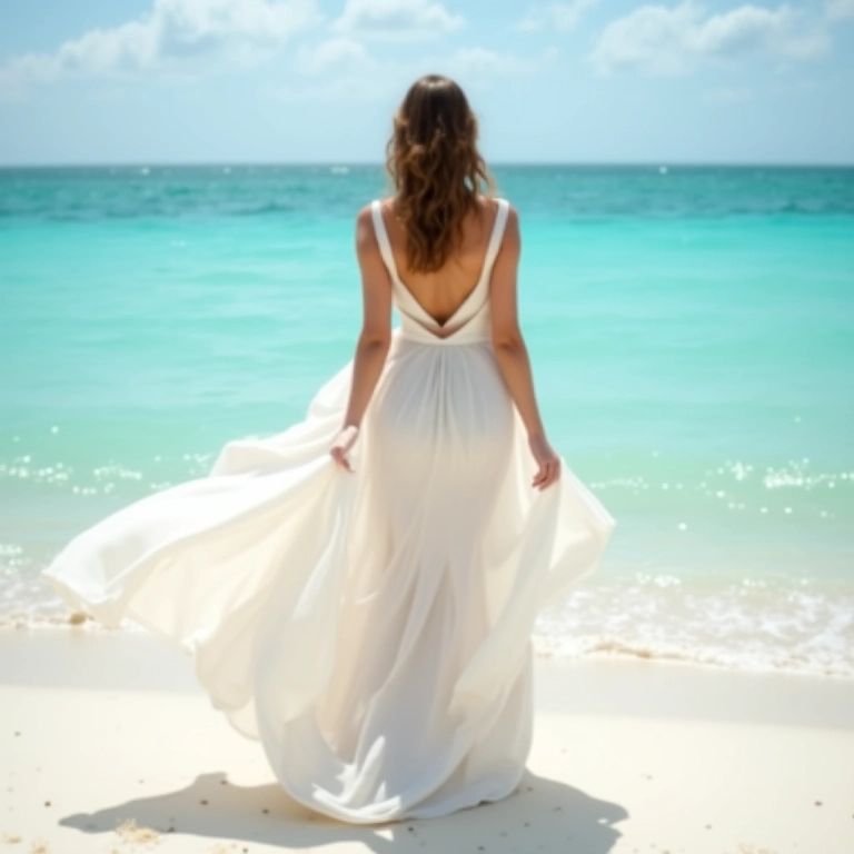 Vestido de noiva de chiffon na praia.