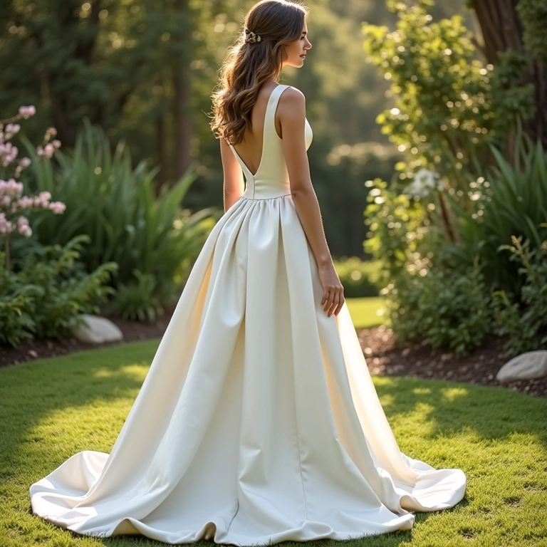 Vestido de noiva evasê de cetim, leveza e romantismo.