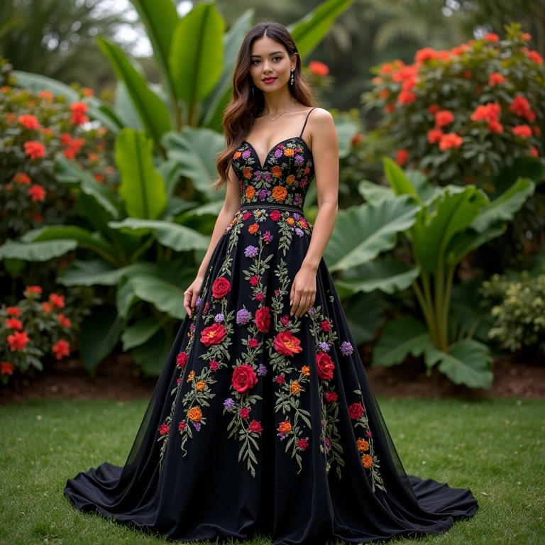 Vestido de noiva preto com bordados florais coloridos e jardim brasileiro vibrante ao fundo.
