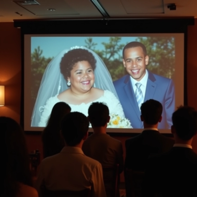 Vídeo com fotos da infância dos noivos homenageando os pais.