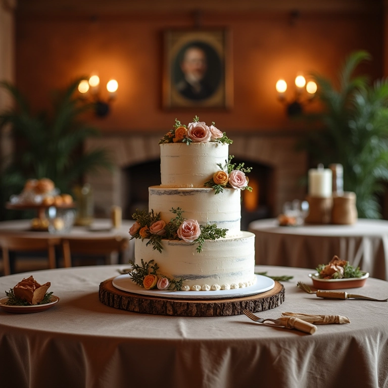 Visão geral de uma mesa de bolo rústica em um espaço de eventos.