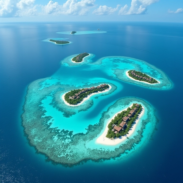 Vista aérea de diversas ilhas caribenhas, com resorts e praias deslumbrantes.