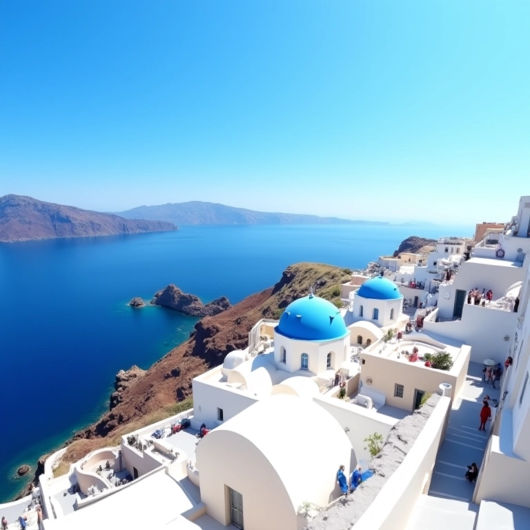 Vista panorâmica de Santorini, Grécia, um destino imperdível para lua de mel no verão europeu.