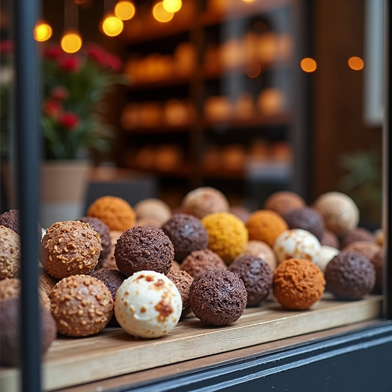 Vitrine elegante de loja com diversos brigadeiros gourmet.