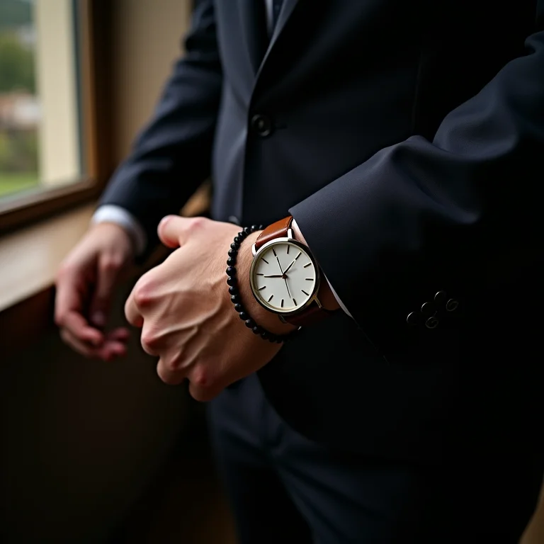 Acessórios masculinos para traje esporte fino: relógio de couro e pulseira