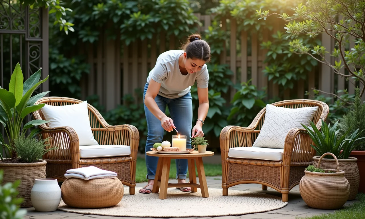 Acessórios naturais complementando móveis de vime em área externa.