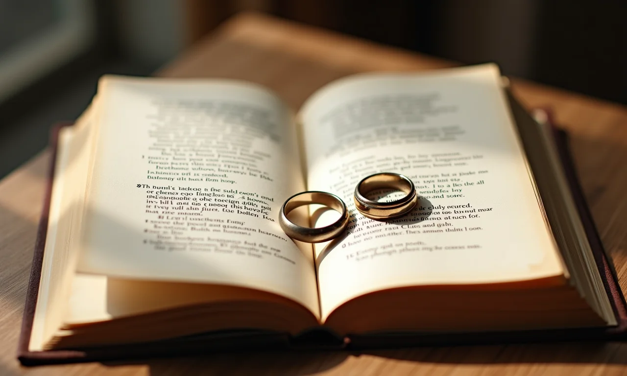 Alianças em uma página de livro com poema.