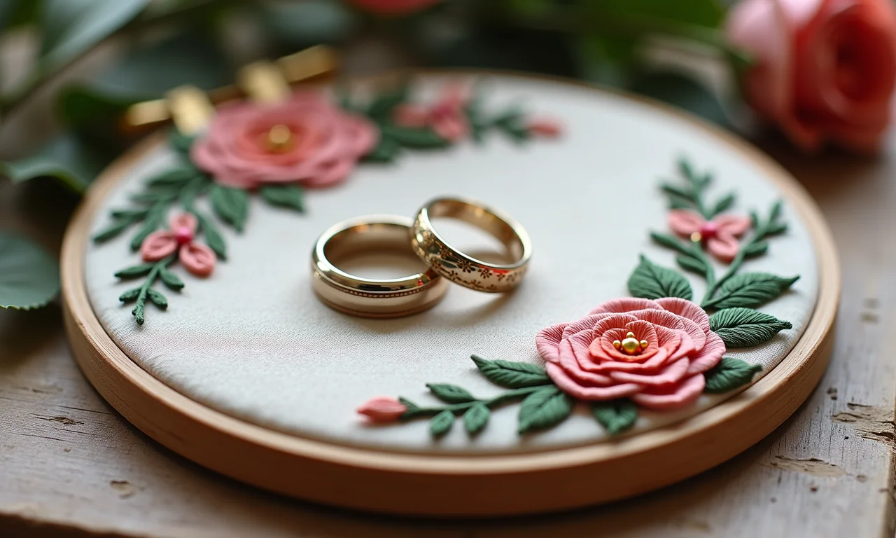 Alianças exibidas em um bastidor bordado.