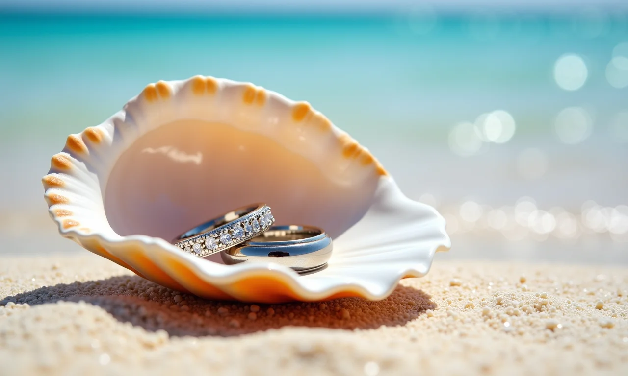 Alianças exibidas em uma concha do mar.