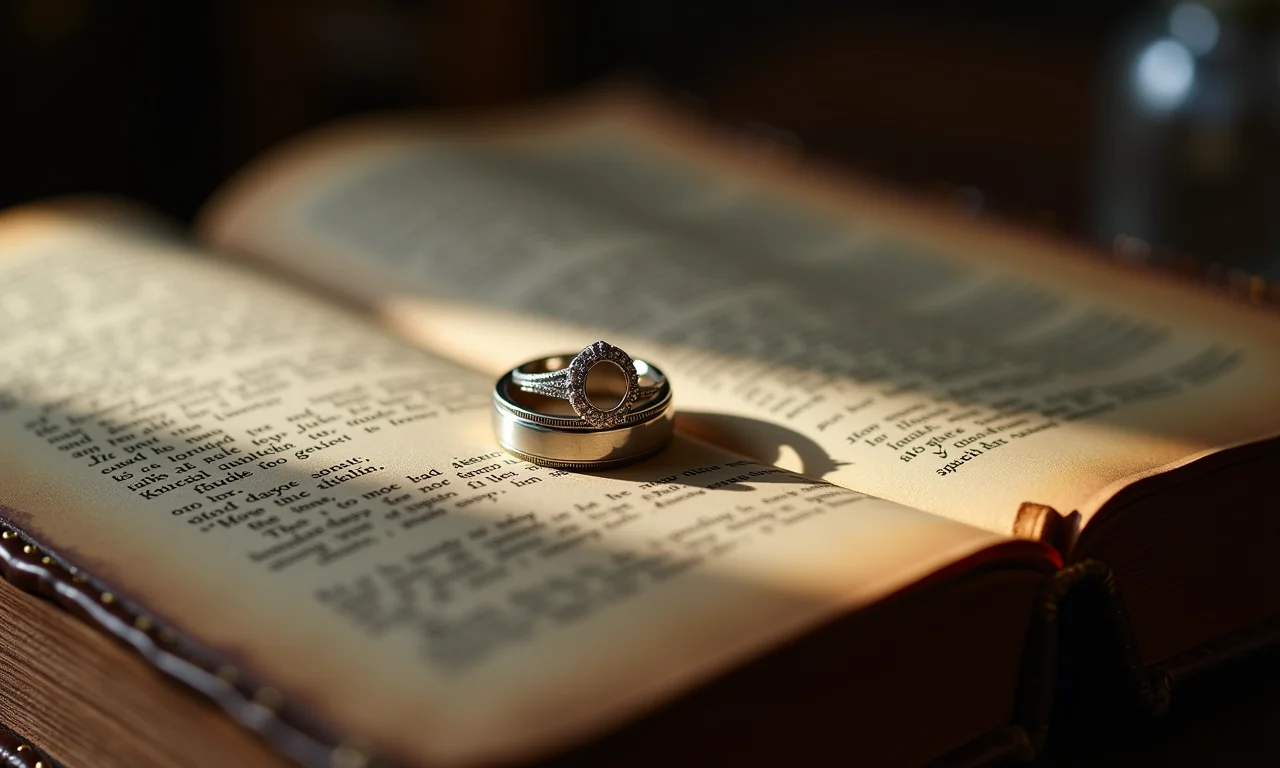 Alianças repousando sobre um livro antigo.