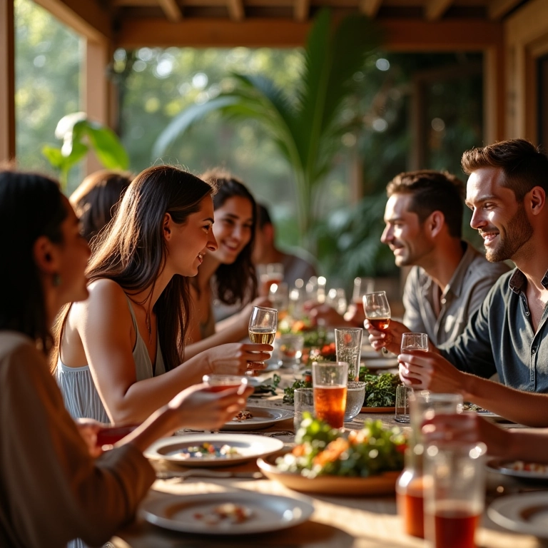 Almoço de noivado alegre com amigos e decoração vibrante.