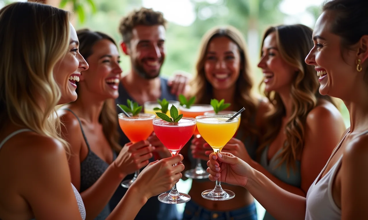 Amigos brindando com coquetéis coloridos, criando memórias.