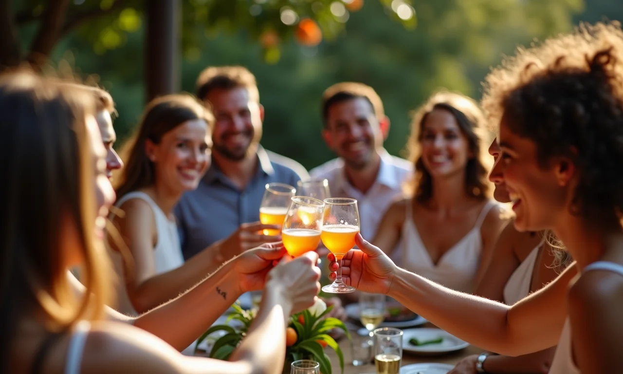 Amigos brindando em um casamento intimista, celebrando a união do casal.