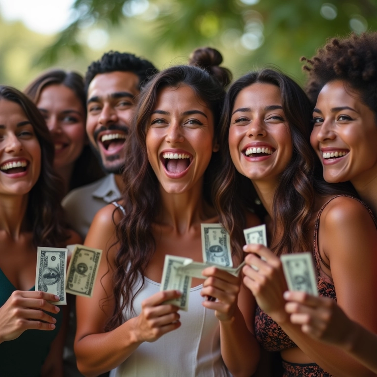 Amigos comemorando a arrecadação da lista de presentes em dinheiro para o casamento.