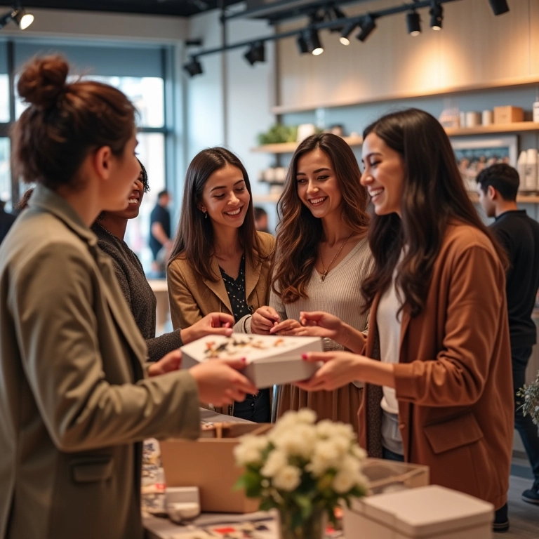 Amigos escolhendo presente de casamento em loja de departamento.