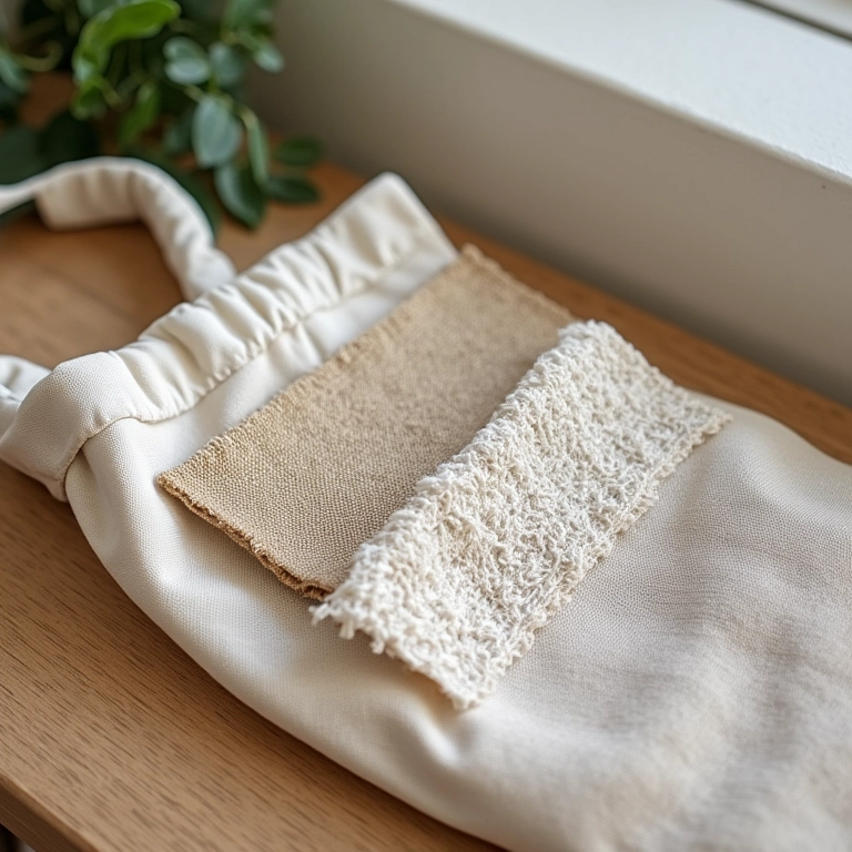 Amostras de tecidos (algodão, linho, juta) ao lado de ecobag para comparar texturas.