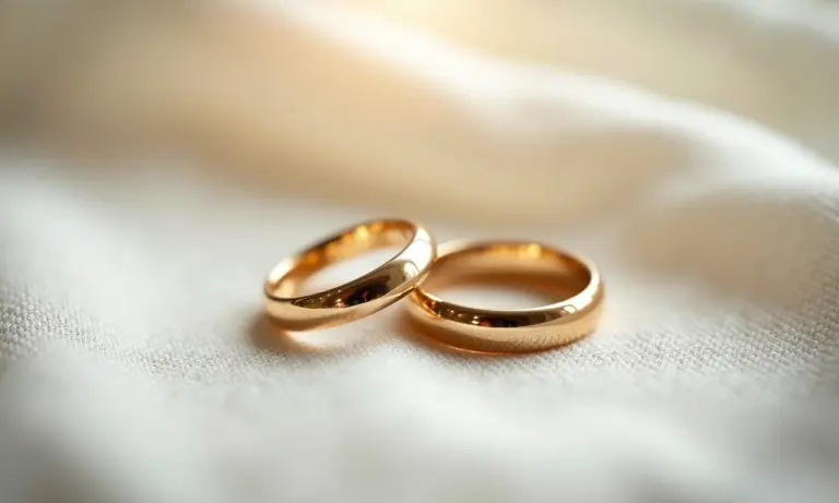 Anéis de casamento entrelaçados sobre tecido de linho, simbolizando amor duradouro.