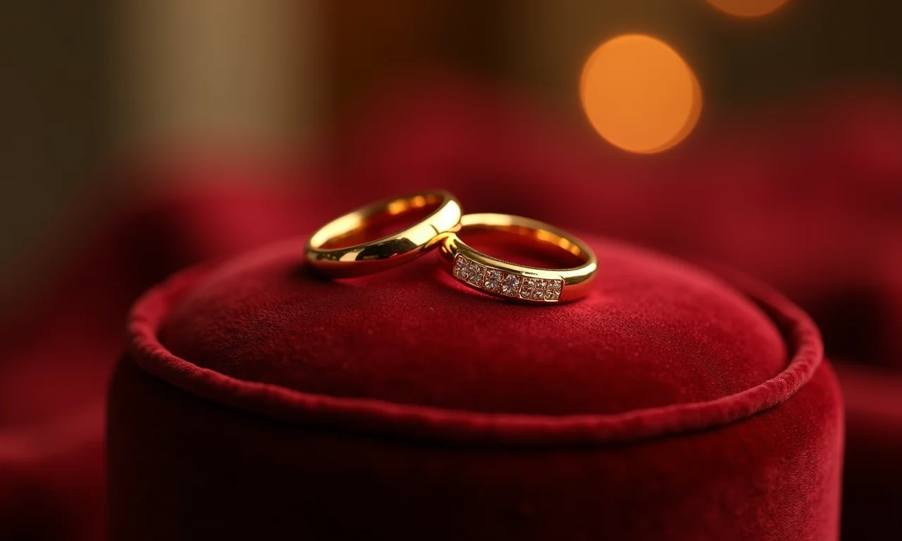 Anéis de ouro sobre almofada de veludo, simbolizando bodas de ouro.