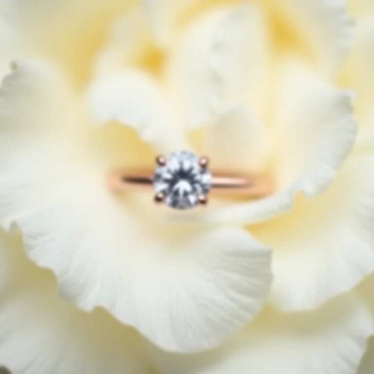 Anel de noivado clássico em pétalas de rosas brancas.