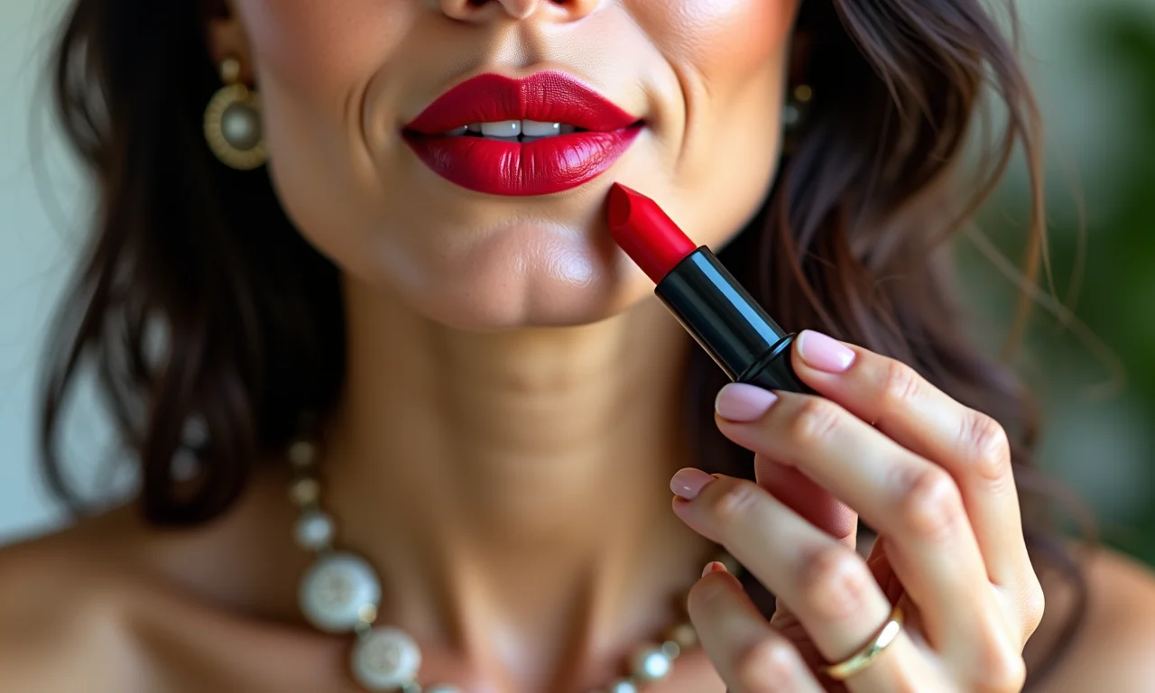 Aplicação de batom vermelho clássico.
