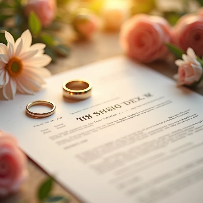 Apólice de seguro para casamento com alianças e flores